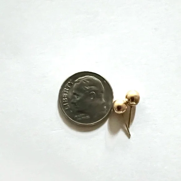 14K Yellow Gold Tiny Bead Stud Earrings 5x11mm  One earring is dented. - Picture 7 of 8